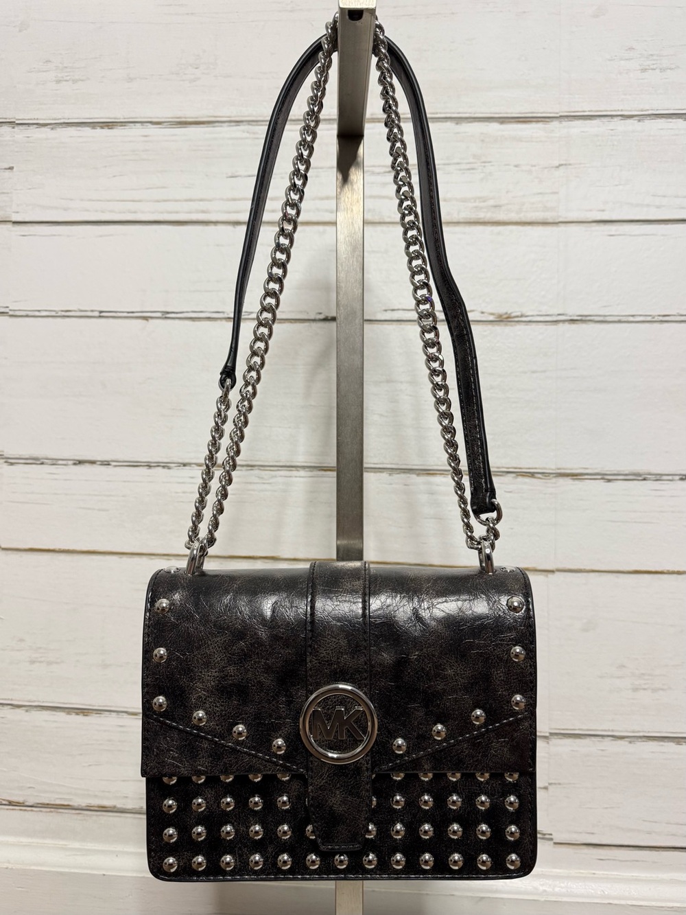 Michael Kors Greenwich Small Studded Distressed Black Crossbody Bag NWT